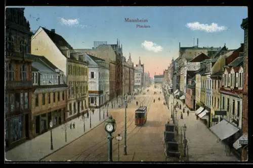 AK Mannheim, Strassenpartie der Planken mit Strassenbahn