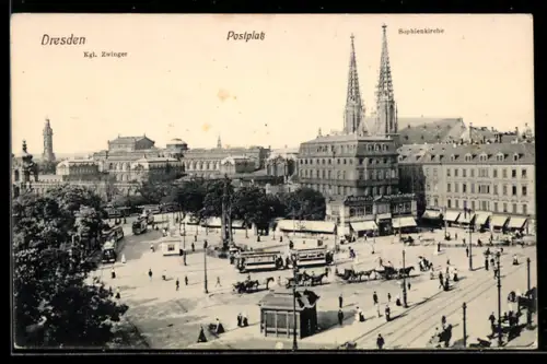 AK Dresden, Kgl. Zwinger, Postplatz, Sophienkirche, Strassenbahn, Pferdekutsche
