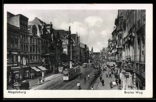 AK Magdeburg, Breiter Weg mit Strassenbahn & Geschäften