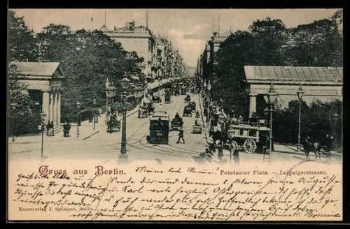 AK Berlin, Potsdamer Platz und Leipzigerstrasse mit Strassenbahn