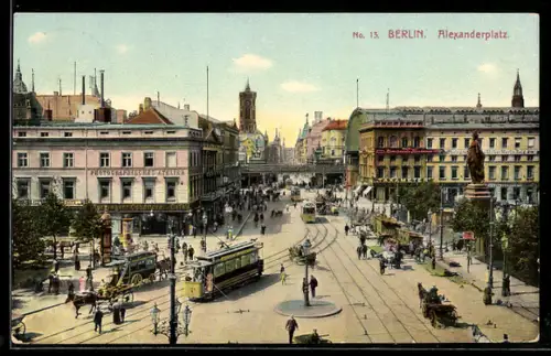 Künstler-AK Berlin, Strassenbahnen am Alexanderplatz