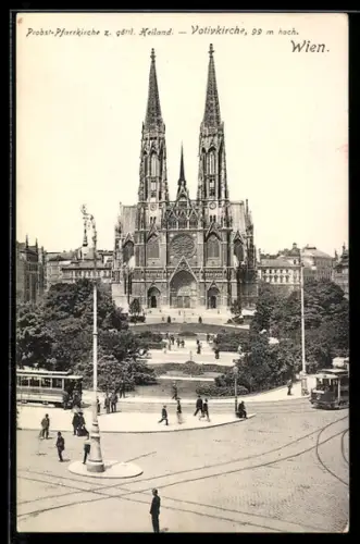 AK Wien, Probst-Pfarrkirche z. göttl. Heiland, Strassenbahn