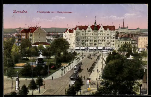 AK Dresden-Neustadt, Albertplatz mit Hauptstrasse und Strassenbahn