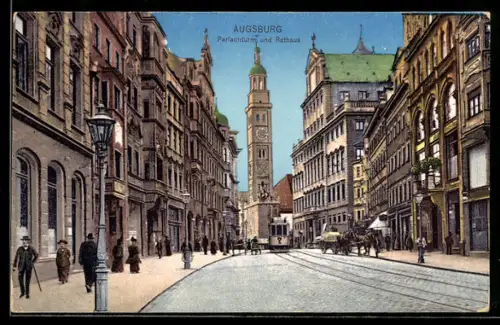 AK Augsburg, Strasse am Perlachturm und Rathaus, Strassenbahn