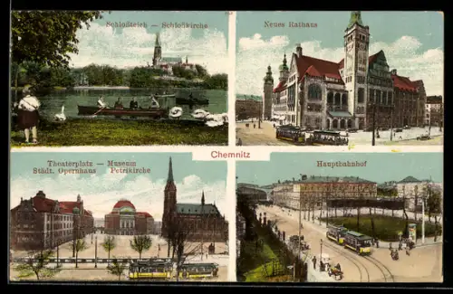 AK Chemnitz, Neues Rathaus, Theaterplatz, Museum, Städt. Opernhaus und Petrikirche u. Hauptbahnhof mit Strassenbahn