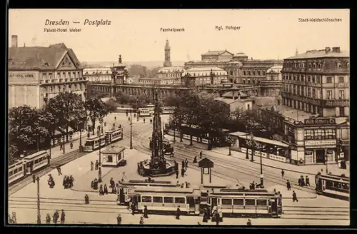 AK Dresden, Palast-Hotel Weber, Fernheizwerk, Kgl. Hofoper, Strassenbahn
