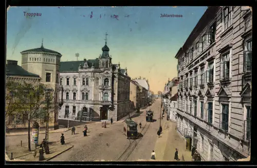 AK Troppau, Jaktarstrasse und Strassenbahnen