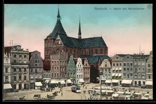 AK Rostock, Markt mit Marienkirche und Strassenbahn