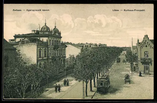 Künstler-AK Libau, Kurhaus-Prospekt mit Strassenbahn