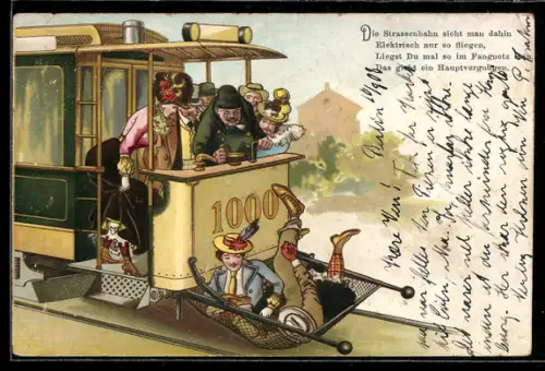 Lithographie Dame und Herr im Fangnetz einer Strassenbahn