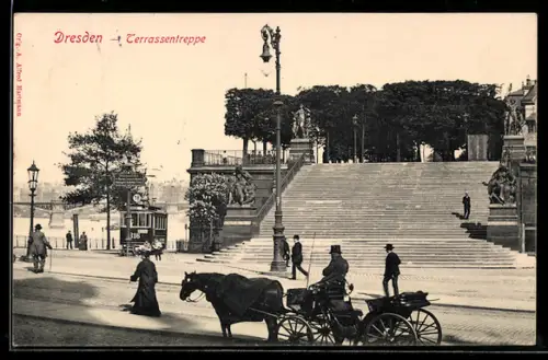 AK Dresden, Terrassentreppe mit Strassenbahn