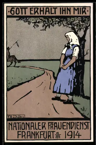 AK Frankfurt a. M., Frau mit Kopftuch steht an einem Feldweg, Nationaler Frauendienst