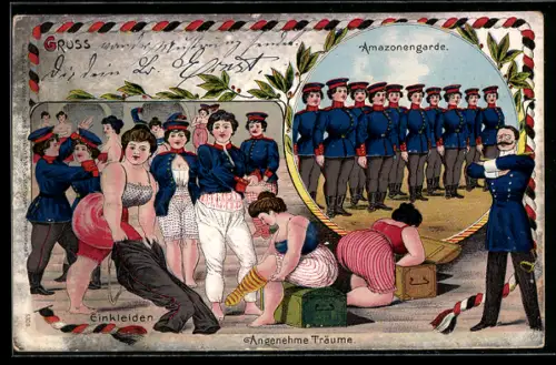 Lithographie Angenehme Träume eines Offiziers, Amazonengarde, Frauen kleiden sich in Uniform