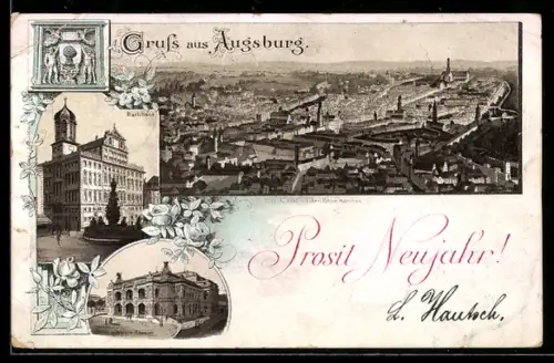 Vorläufer-Lithographie Augsburg, 1891, Rathaus, Neues Theater, Blick über den Ort