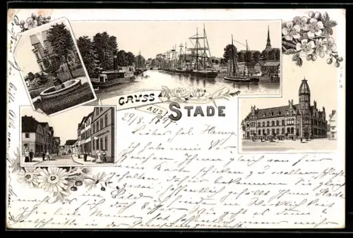 Lithographie Stade, Rathaus, Uferpartie mit Segelschiffen und Brunnen