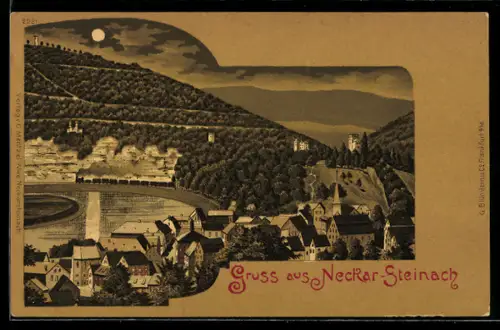 Lithographie Neckar-Steinach, Teilansicht des Ortes mit Umgebung im Mondschein