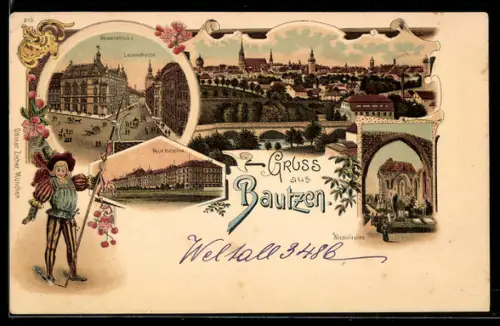 Lithographie Bautzen, Lauenstrasse mit Gewandhaus, Neue Kaserne, Nicolairuine