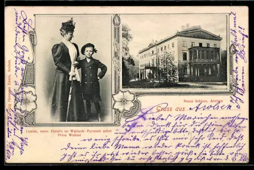 AK Arolsen, Neues Schloss und Louise von Waldeck-Pyrmont mit Prinz Wolrad