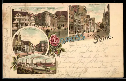 Lithographie Peine, Walzwerk, Marktplatz mit Kriegerdenkmal, Bahnhofstrasse
