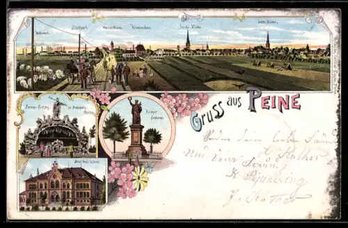 Lithographie Peine, Totalansicht mit Katholischer Kirche und Jacobi-Kirche, Zecher-Felsen und Kriegerdenkmal