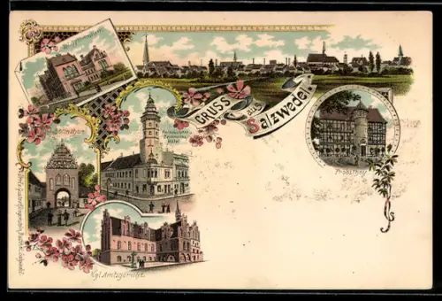 Lithographie Salzwedel, Beckmanns Hotel und Rathausturm, Kgl. Gymnasium, Steinthor