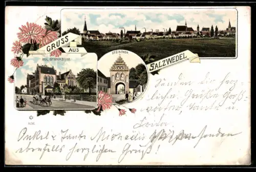 Lithographie Salzwedel, Kgl. Gymnasium & Steinthor, Totalansicht