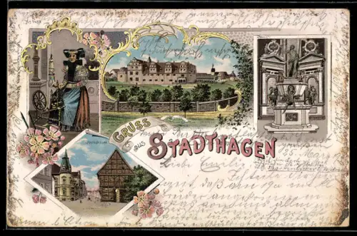 Lithographie Stadthagen, Schloss mit Kirche, Oberstrasse, Trachtenmädchen am Spinnrad
