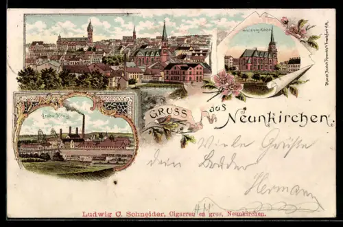 Lithographie Neunkirchen, Ortsansicht, Kohlenzeche Grube König, evang. Kirche