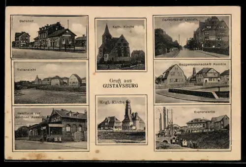 AK Gustavsburg, Gasthaus zur schönen Aussicht, Kupferwerke, Baugenossenschaft Kolonie, Kath. u. evgl. Kirche, Bergbau