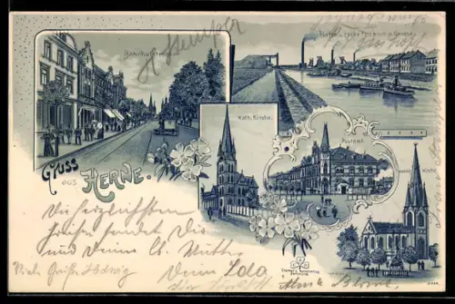 Lithographie Herne, Blick auf Bahnhofstrasse, Hafen u. Zeche Friedrich der Grosse, Kirche u. Postamt