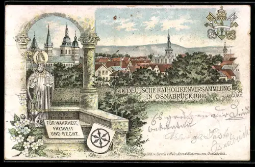 Lithographie Osnabrück, Katholikenversammlung 1901, Panorama der Stadt, Papst, Wappen
