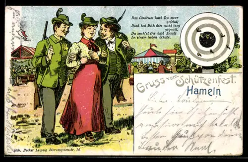 Lithographie Hameln, Schützenfest, Schützen umgarnen eine Frau