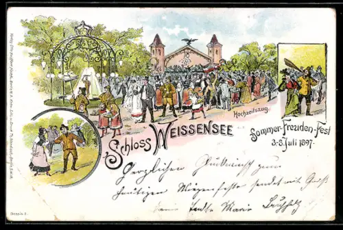 Lithographie Weissensee, Schloss, Sommer-Freuden-Fest 1897, Hochzeitszug