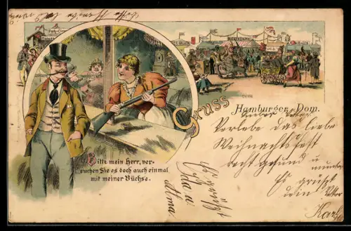 Lithographie Hamburg, Volksfest Hamburger Dom mit Schiessbude