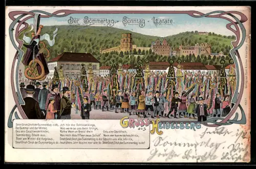 Lithographie Heidelberg, der Sommertag-Sonntag-Lätare, Parade und Schlossblick