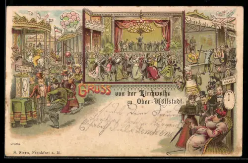 Lithographie Volksfest, Karussell, Schiessbude, Wunder des Meeres, Warme Wurstverkäufer