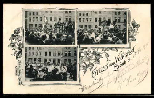 AK Lübeck, Volksfest mit verschiedenen Festwagen