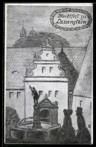 Künstler-AK Lauenstein, Marktfest, Brunnen