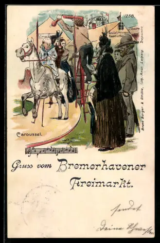 Lithographie Bremerhaven, Volksfest auf dem Freimarkt mit Kinder auf einem Karussell
