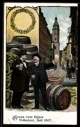 AK Eilpe, Volksfest 1907, Männer bei Bierfässern