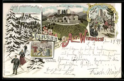 Lithographie Alt-Windeck, Gasthof Luftkurort Altwindeck, Burg Windeck