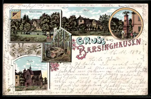 Lithographie Barsinghausen, Berg-Inspektion, Kriegerdenkmal, Kloster