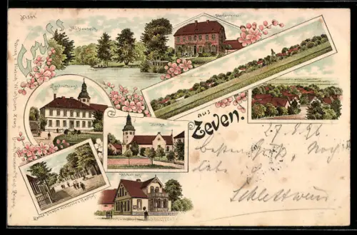 Lithographie Zeven, Oberförsterei, Lange Strasse mit Grote`s Gasthof, Wohnhaus, Mühlenteich, Landrathsamt, Kirche
