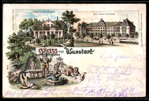 Lithographie Wunstorf, Zwerge im Garten, Präparanden-Anstalt, Kgl. Lehrer-Seminar