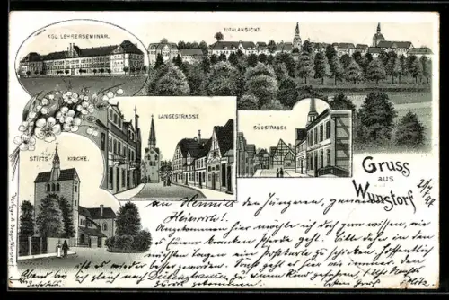 Lithographie Wunstorf, Kgl. Lehrerseminar, Langestrasse, Stiftskirche