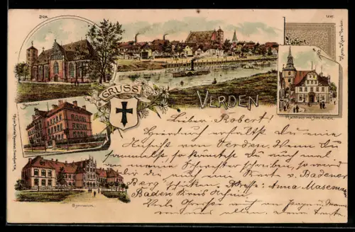Lithographie Verden, Ortsansicht mit Fluss u. Dampfer, Dom, Seminar, Gymnasium, Rathaus mit Johs.-Kirche