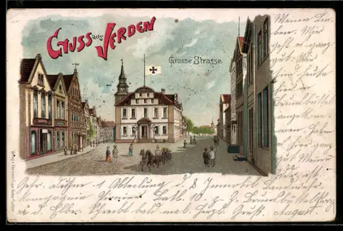 Lithographie Verden, Grosse Strasse mit Passanten