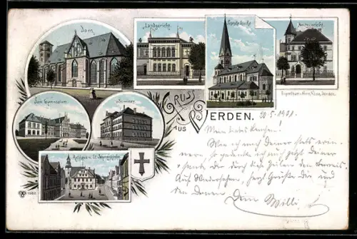 Lithographie Verden, Rathaus und St. Johanniskirche, Seminar, Landgericht