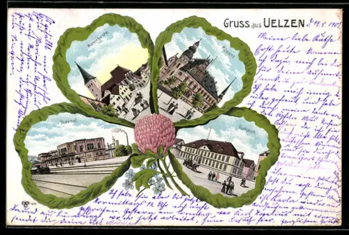 Passepartout-Lithographie Uelzen, Bahnhof, Marienkirche, Postamt, Rathaus