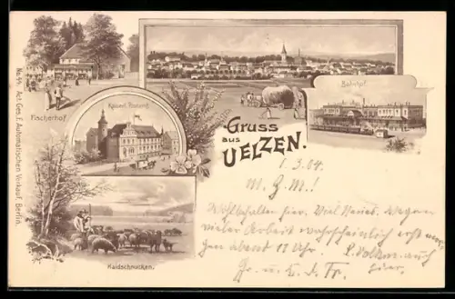 Lithographie Uelzen, Bahnhof, Fischerhof, Kaiserliches Postamt, 5 Ansichten, Blumen